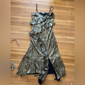 Gold lame metallic ruffle prom dress 10 M L bodycon high slit spaghetti straps